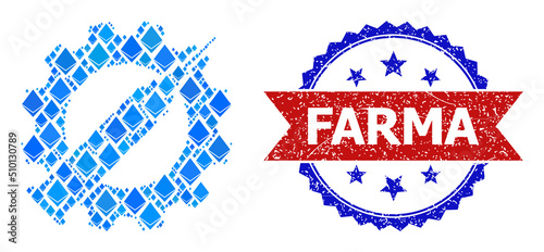 Blue crystal collage vaccine industry icon, and bicolor scratched Farma seal stamp. Ethereum related elements are arranged into abstract mosaic vaccine industry icon.
