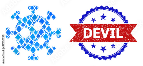 Blue gemstone collage virus icon, and bicolor scratched Devil watermark. Brilliant related elements are grouped into abstract collage virus pictogram. Red round seal has Devil caption inside circle.