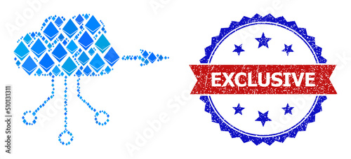 Blue brilliant composition VPN cloud icon, and bicolor scratched Exclusive seal stamp. Gemstone related parts are united into abstract collage VPN cloud pictogram.