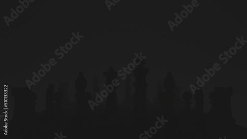 Chess figures on a dark background with smoke and fog. Selective focus 3d-rendering