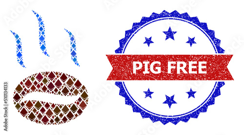 Vector gemstone composition coffee aroma icon, and bicolor grunge Pig Free seal stamp. Red round stamp includes Pig Free text inside circle. Coffee aroma mosaic is composed of jevel items.