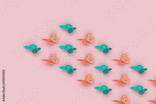 rows of cartoonish butterflies. 3d render photo