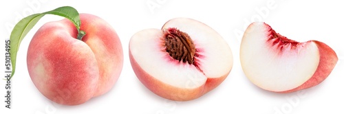 Sweet Peach fruit with leaf isolated on white background, Fresh Peach on White Background With clipping path,	