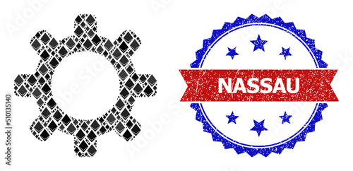 Vector ethereum mosaic cog icon, and bicolor rubber Nassau seal. Red round badge includes Nassau caption inside circle. Cog mosaic is formed from ethereum parts.