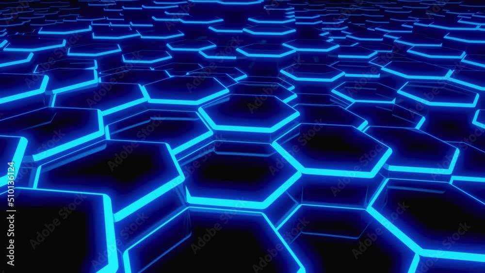 Futuristic Hexagon background. 3d render. Abstract blue Hexagonal pattern. Random motion. Seamless loop