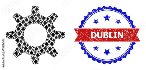 Vector ethereum mosaic cogwheel icon, and bicolor rubber Dublin watermark. Red round badge contains Dublin text inside circle. Cogwheel mosaic is constructed with gem items.