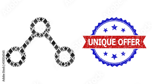 Vector ethereum mosaic connections icon, and bicolor textured Unique Offer seal. Red round seal includes Unique Offer text inside circle. Connections mosaic is organized of diamond parts.