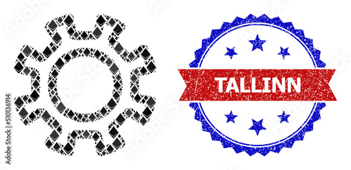 Vector ethereum collage contour gear icon, and bicolor unclean Tallinn stamp. Red round stamp has Tallinn text inside circle. Contour gear collage is done with ethereum elements.
