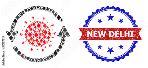 Vector jevel collage coronavirus update icon, and bicolor unclean New Delhi seal stamp. Red round seal includes New Delhi title inside circle. Coronavirus update collage is formed of brilliant items.
