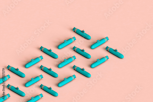 rows of blue submarines on pink background. 3d render