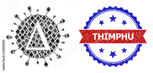 Vector ethereum collage Delta coronavirus icon, and bicolor scratched Thimphu seal stamp. Red round seal contains Thimphu tag inside circle. Delta coronavirus collage is formed from ethereum dots.