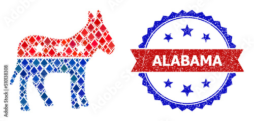 Vector crystal mosaic democratic donkey icon, and bicolor scratched Alabama seal stamp. Red round stamp seal contains Alabama caption inside circle.