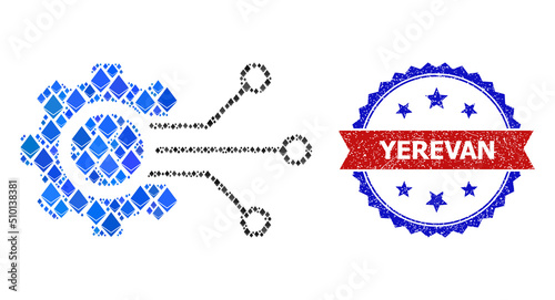 Vector gem collage digital sensor cog icon, and bicolor scratched Yerevan seal stamp. Red round stamp has Yerevan caption inside circle. Digital sensor cog collage is done with ethereum items.