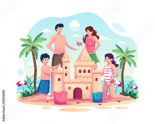 Family spending summer vacation. Parents with their children building a sand castle on the beach. Summer activities concept. Flat style vector illustration