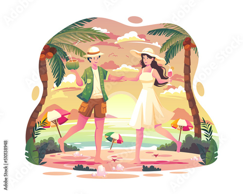 A couple is dancing at the summer beach party in the afternoon.