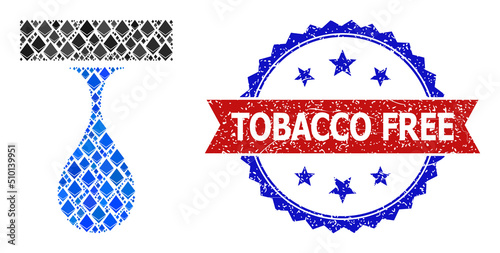 Vector gemstone composition drip drop icon, and bicolor scratched Tobacco Free seal stamp. Red round seal has Tobacco Free title inside circle. Drip drop mosaic is designed from crystal elements.