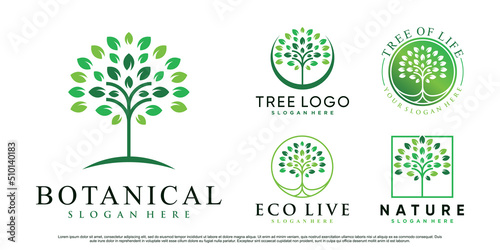 Set of nature tree logo design vector illustration with creative element Premium Vector