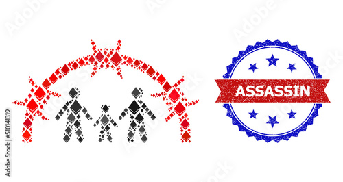 Vector ethereum mosaic family jail dome icon, and bicolor rubber Assassin seal stamp. Red round stamp contains Assassin title inside circle. Family jail dome mosaic is formed from diamond parts.