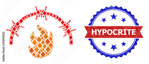 Vector brilliant collage fire jail icon, and bicolor textured Hypocrite seal stamp. Red round stamp seal has Hypocrite title inside circle. Fire jail mosaic is formed of ethereum elements.