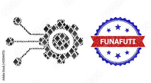 Vector ethereum collage gear connectors icon, and bicolor dirty Funafuti stamp. Red round stamp seal includes Funafuti title inside circle. Gear connectors collage is formed of gem parts.