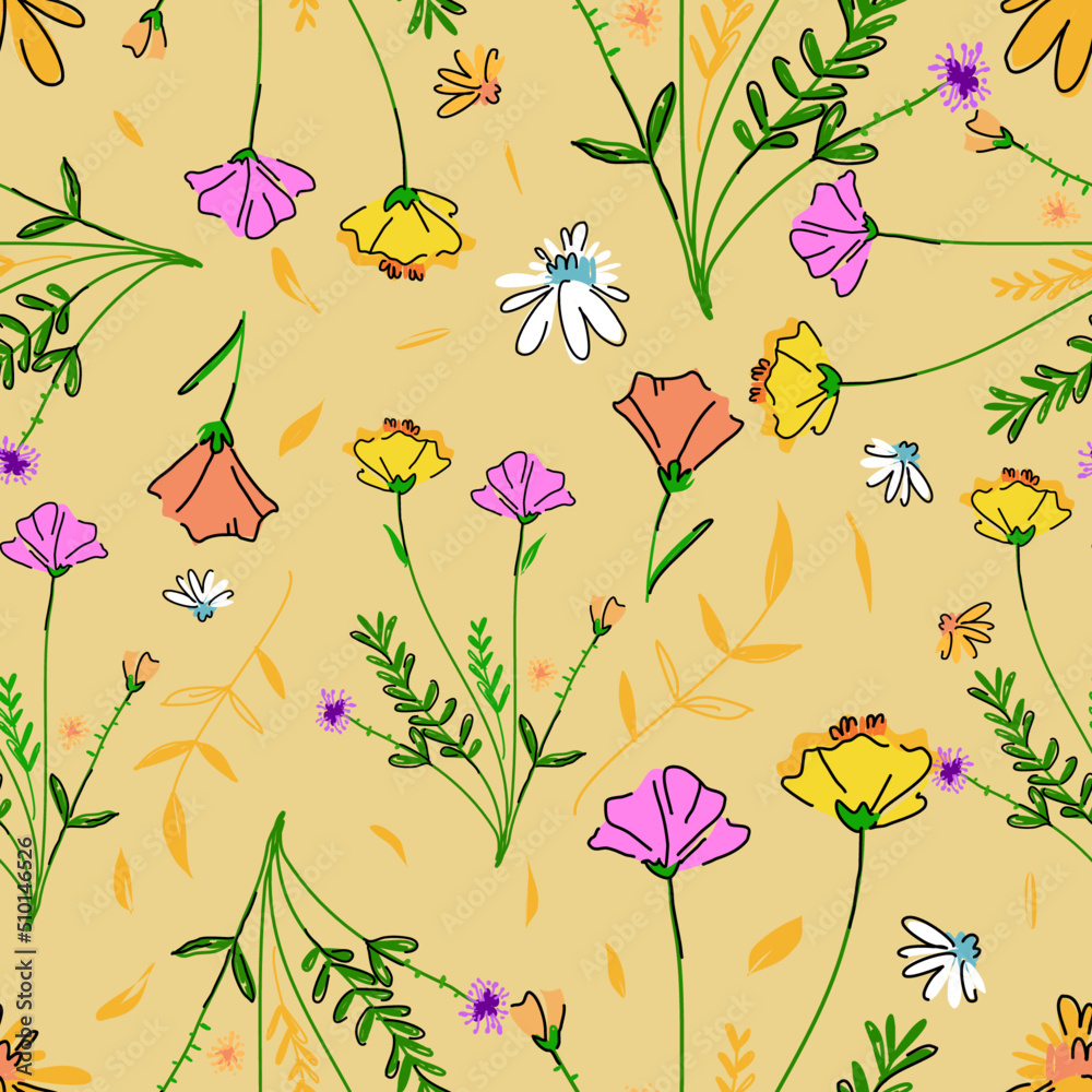 Hand drawn cute floral small seamless pattern for fashion prints decoration, fabric, wallpaper and all prints on background earth tone color.