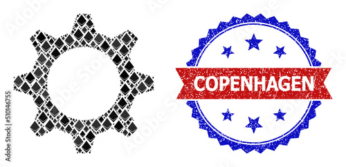 Vector ethereum mosaic gearwheel icon, and bicolor scratched Copenhagen stamp. Red round stamp includes Copenhagen caption inside circle. Gearwheel mosaic is done from diamond items.