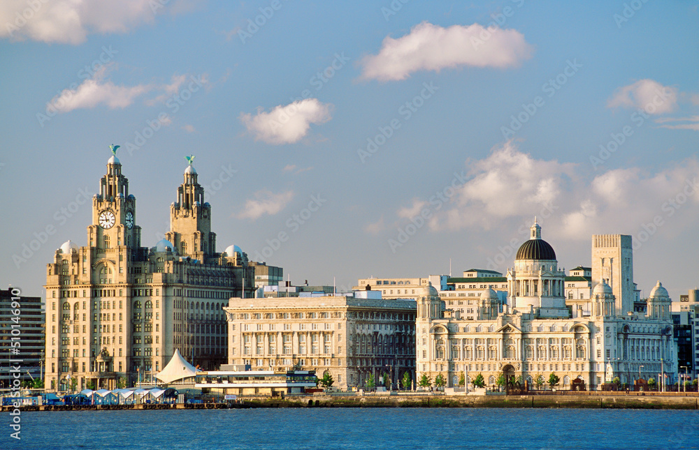 Liverpool Pier Head buildings The Three Graces across the River Mersey, Merseyside, England, UK