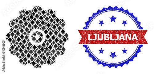 Vector ethereum composition gearwheel icon, and bicolor textured Ljubljana watermark. Red round badge has Ljubljana tag inside circle. Gearwheel mosaic is formed of gem items.
