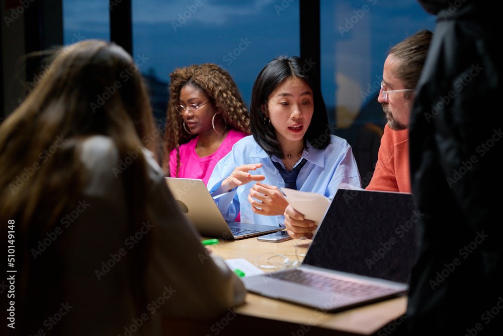 Co-workers, discussing, project, overtime, office, Co-workers, discussing, project, overtime, office,