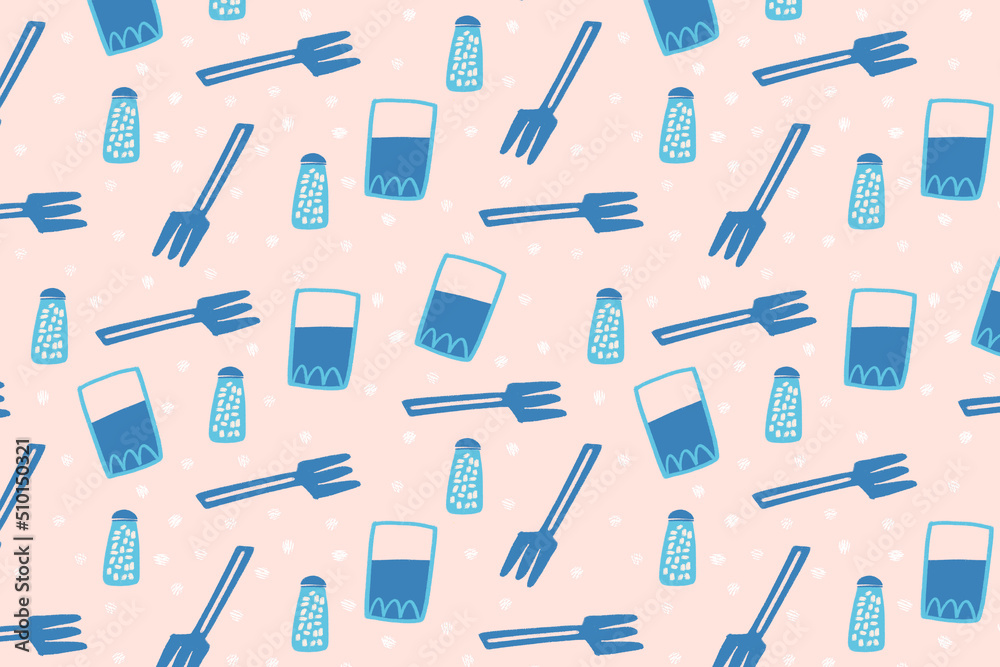 Table with fork, glass of water and salt pattern illustration Table with fork, glass of water and salt pattern illustration