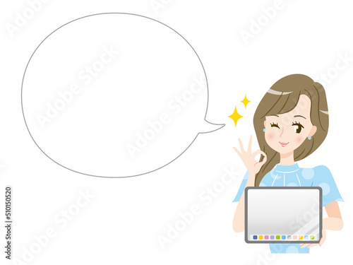 タブレットの画面を見せてOKサインをする若い女性と吹き出し