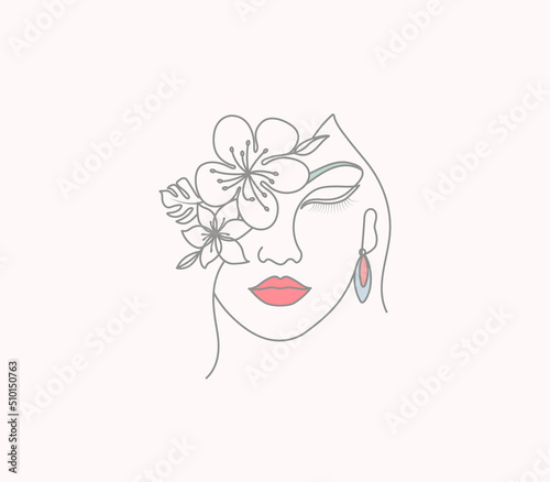 Line Drawing Female Face Minimalist Simple Cherry Floral Woman Fashion Feminine Art Illustration