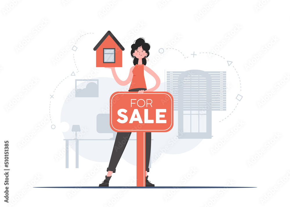 A woman stands in full growth and holds a model of the house. Property For Sale. Flat style. Element for presentations, sites.