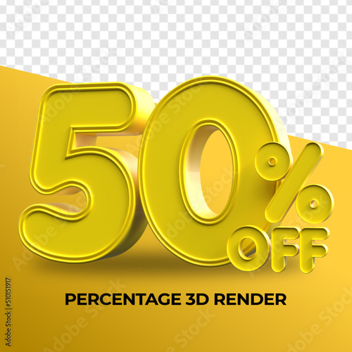 3D Render Percentage number 50% yellow color for sale discount, sale product, transparent, PNG