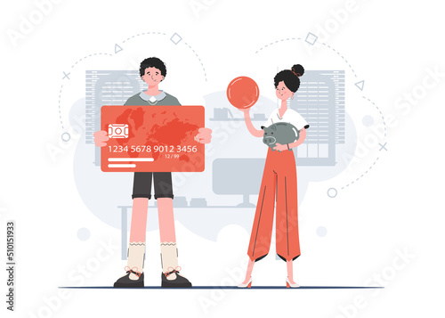 A woman and a man put money from a piggy bank on a card. Saving. Flat style. Element for presentations, sites. © Javvani