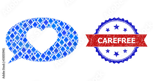 Vector ethereum mosaic love status icon, and bicolor scratched Carefree stamp. Red round stamp seal contains Carefree text inside circle. Love status mosaic is created with jevel elements.