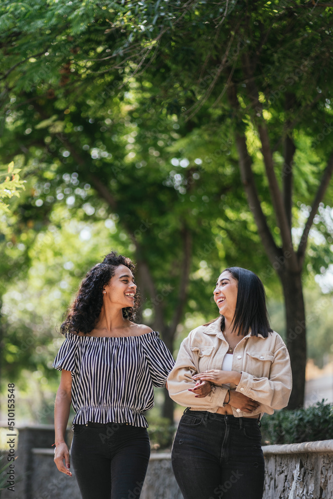 Latin Friends walking in a park. Latin Friends walking in a park.