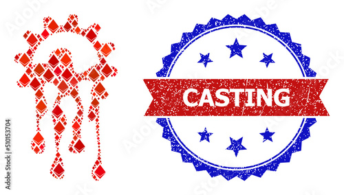 Vector crystal composition melting gear icon, and bicolor unclean Casting stamp. Red round stamp seal has Casting caption inside circle. Melting gear mosaic is composed from crystal elements.