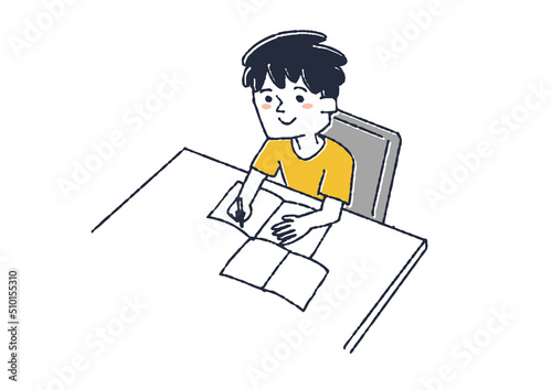 家に帰って宿題をする男の子　子供の1日の習慣　コミカルな手書きの人物　ベクター、温かみのある線画