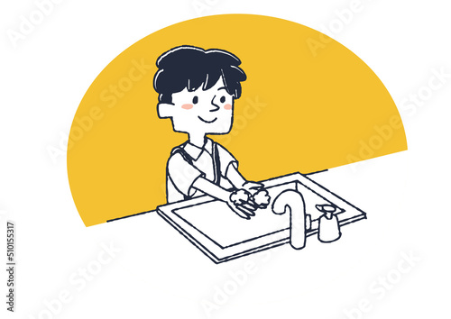 家に帰って手を洗う男の子　子供の1日の習慣　コミカルな手書きの人物　ベクター、温かみのある線画