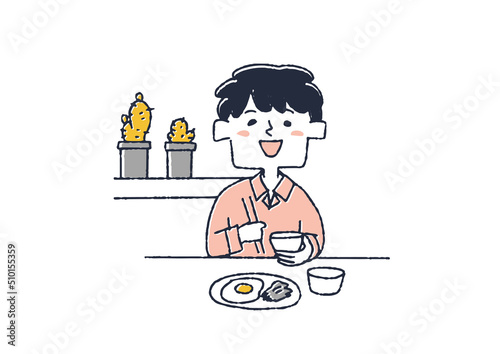 朝ごはんをしっかり食べる男の子　子供の1日の習慣　コミカルな手書きの人物　ベクター、温かみのある線画