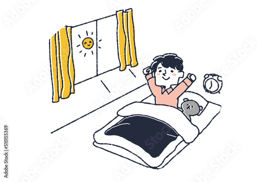気持ちよく起床する男の子　子供の1日の習慣　コミカルな手書きの人物　ベクター、温かみのある線画