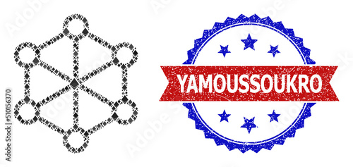 Vector jevel mosaic net nodes icon, and bicolor textured Yamoussoukro seal. Red round stamp includes Yamoussoukro title inside circle. Net nodes mosaic is organized from gem parts. photo