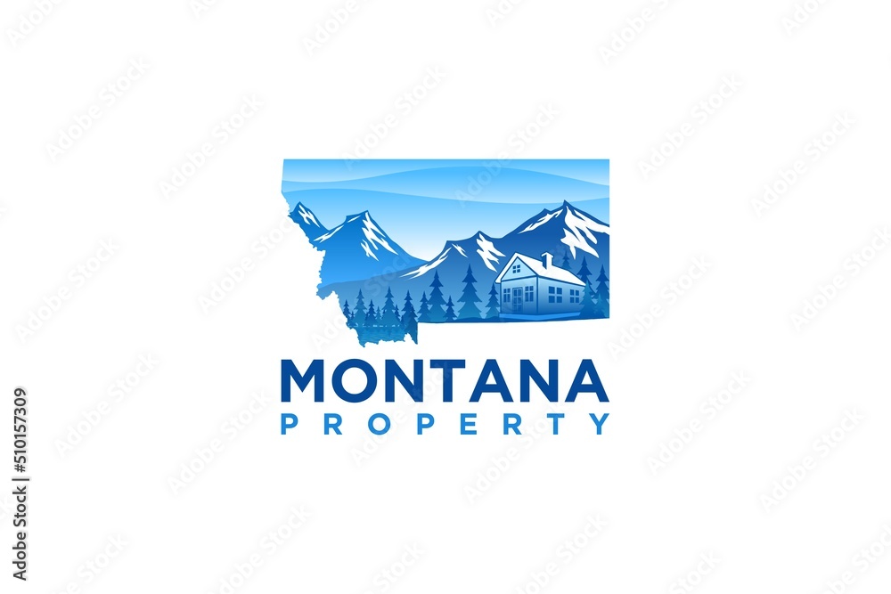 Montana property logo rocky mountain with house and pine tree element maps state of montana