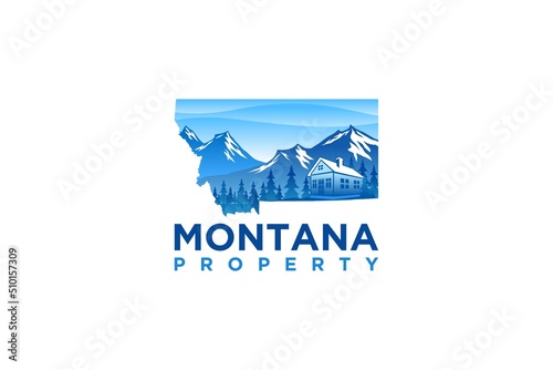 Montana property logo rocky mountain with house and pine tree element maps state of montana photo