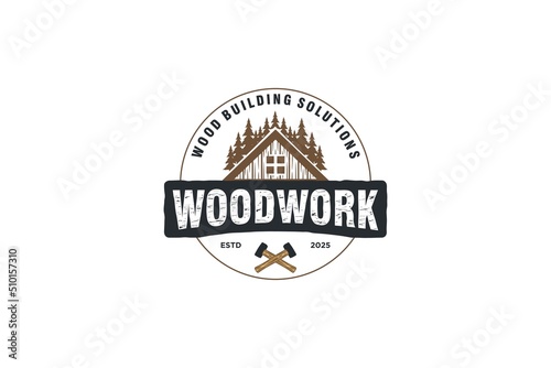 Wood work logo wooden house builder carpenter handyman home icon circle sawmill circular saw