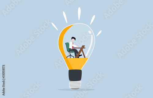 Working with creativity, innovative idea for best productivity, motivation and inspiration for career development concept. Creative businessman working in bright idea light bulb. 