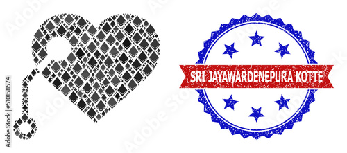 Vector gemstone mosaic pacemaker icon, and bicolor scratched Sri Jayawardenepura Kotte seal. Red round stamp seal has Sri Jayawardenepura Kotte title inside circle. photo