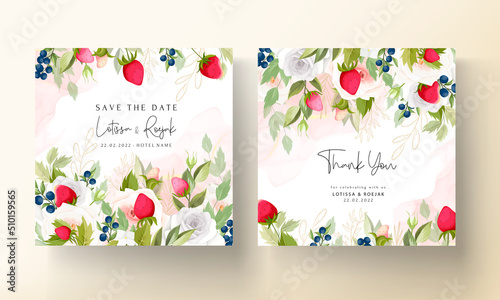 beautiful rose flower wedding invitation card with botanical strawberry and blueberry