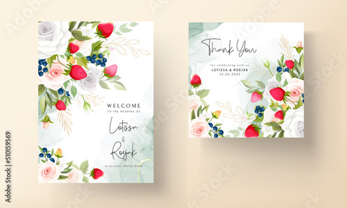 beautiful rose flower wedding invitation card with botanical strawberry and blueberry